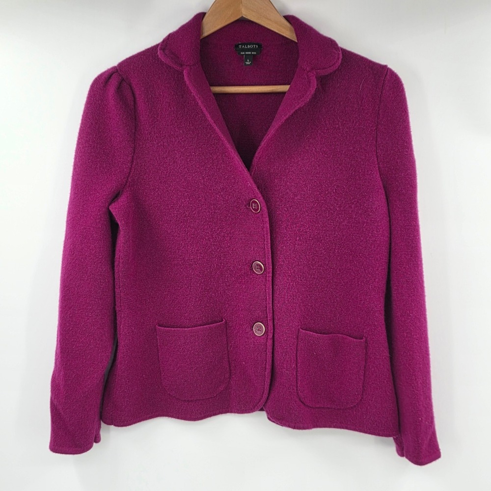 Talbots Women Fuchsia Pink Pure Merino Wool Button Front Cardigan Sweater Large